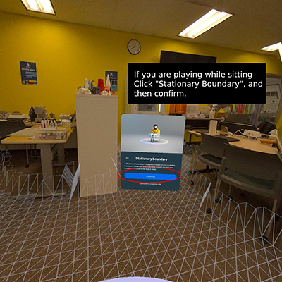 Screenshot of the Boundary menu set to Stationary Boundary. This boundary is used if you are sitting while playing. The "Confirm" button is highlighted with a red circle.