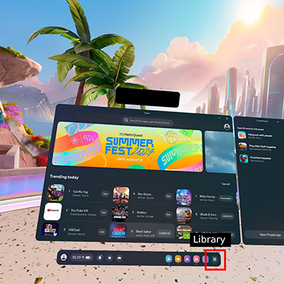 Screenshot of the main menu in the Meta Quest 3. The "Library" button is surrounded by a red square with the word "Library" written above it.