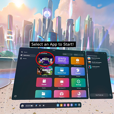 Screenshot of the Library menu in the Meta Quest 3. The menu has several rectangular icons for different apps. VR Chat is highlighted with a red circle in the top left corner with the words "Select an App to Start" above it.