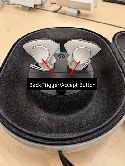 View of white Meta Quest 3 controllers from the back. The components are labeled. The back trigger button is generally used to accept/confirm inside VR.