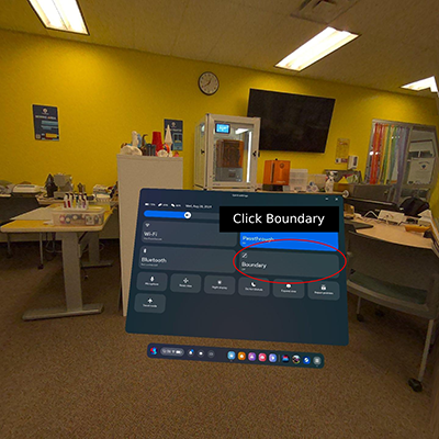 Screenshot of the Meta Quest 3 settings menu with the boundary button highlighted in a red oval. The button is in the middle-right section of the screen with the words "Click Boundary" above it.