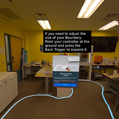 Screenshot of the Boundary Menu in Roomscale Mode, there are instructions on how to expand or reduce the size of your boundary.