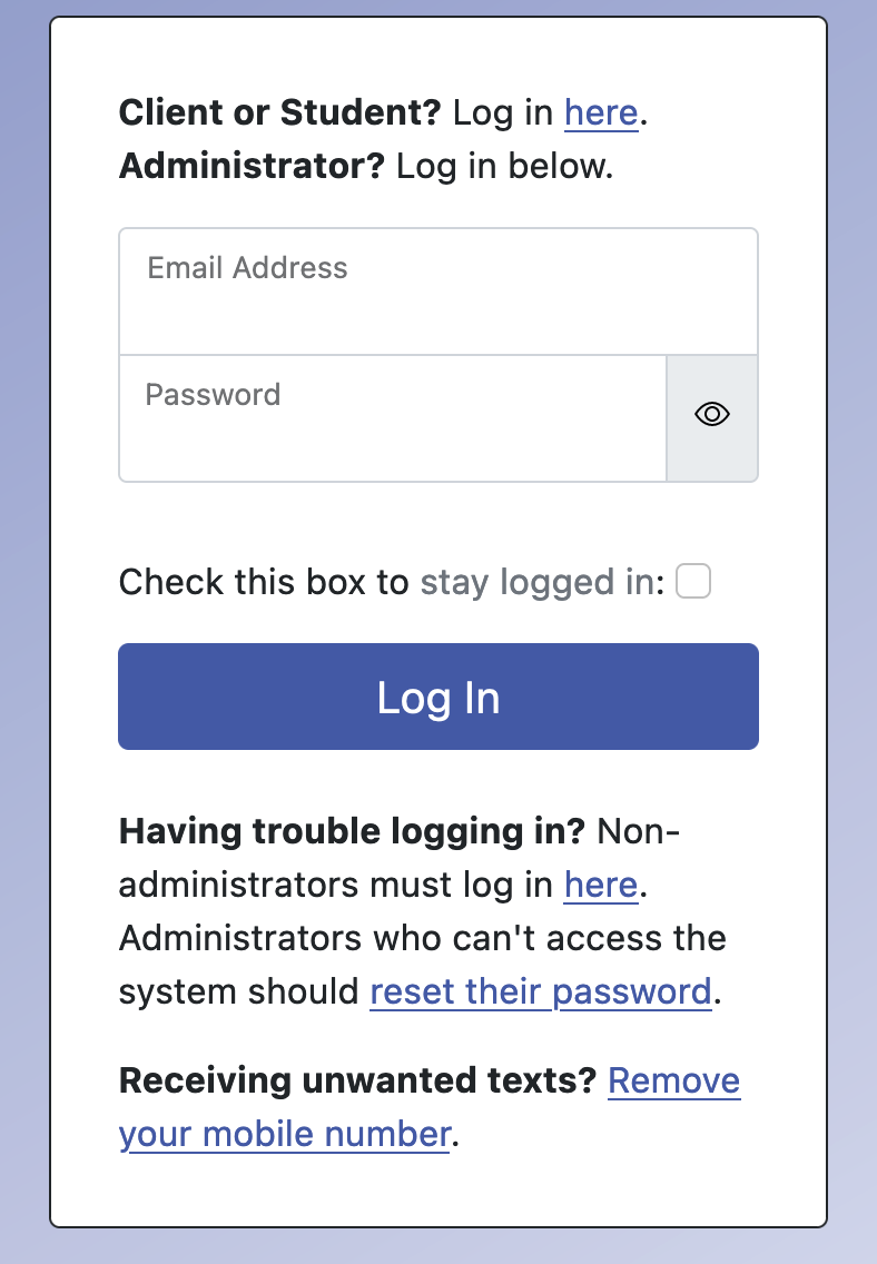 Writing Centre Services Login Screenshot showing the client or student login link